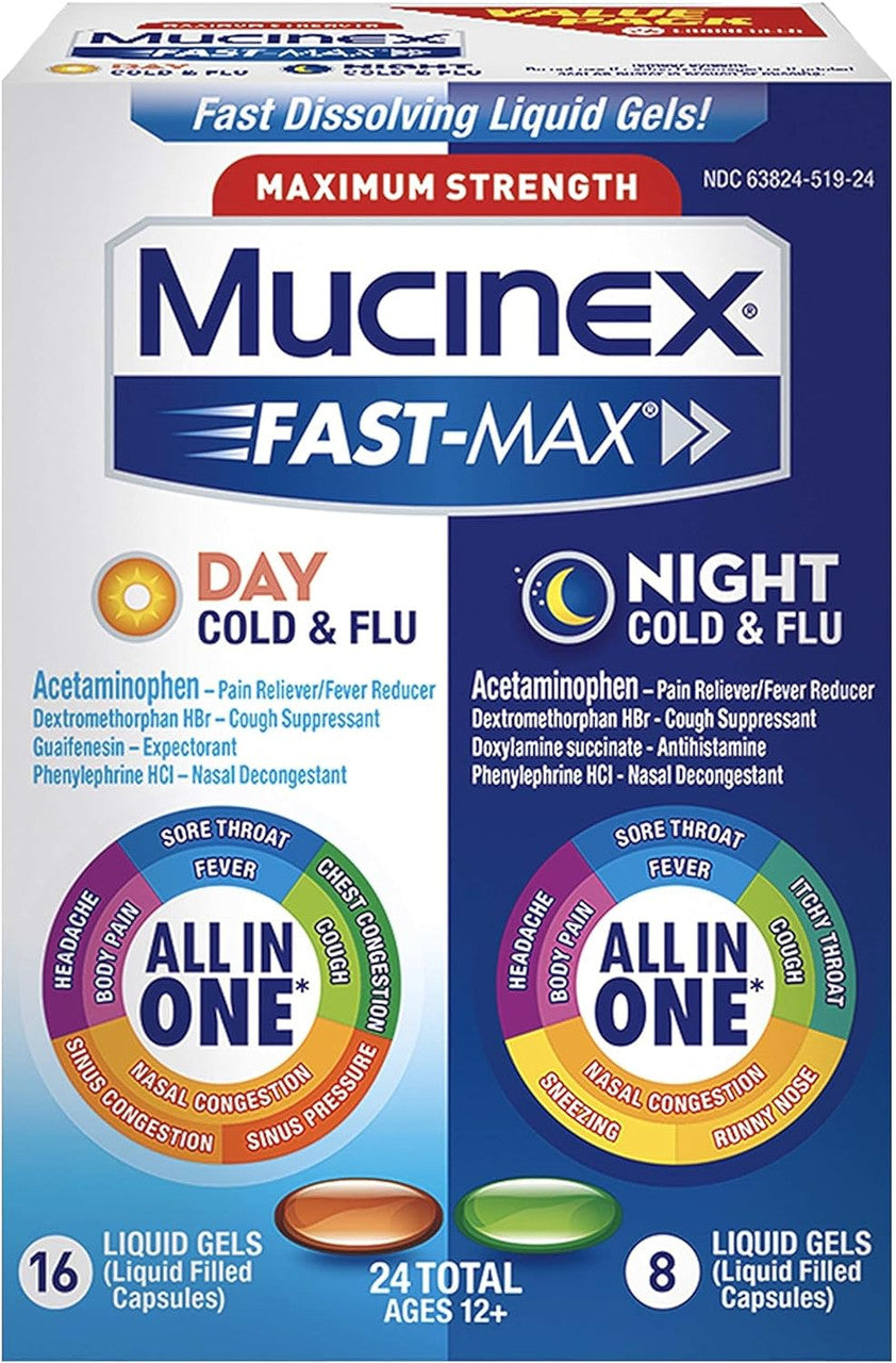 Mucinex Fast Maximum Strength Cold And Flu Day And Night Medicine, 24 Ea